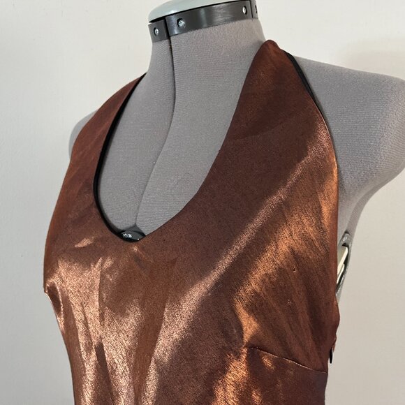VTG 90's Geometrie Sz 8 Metallic Brown T Back Slinky Maxi Dress - Picture 3 of 9
